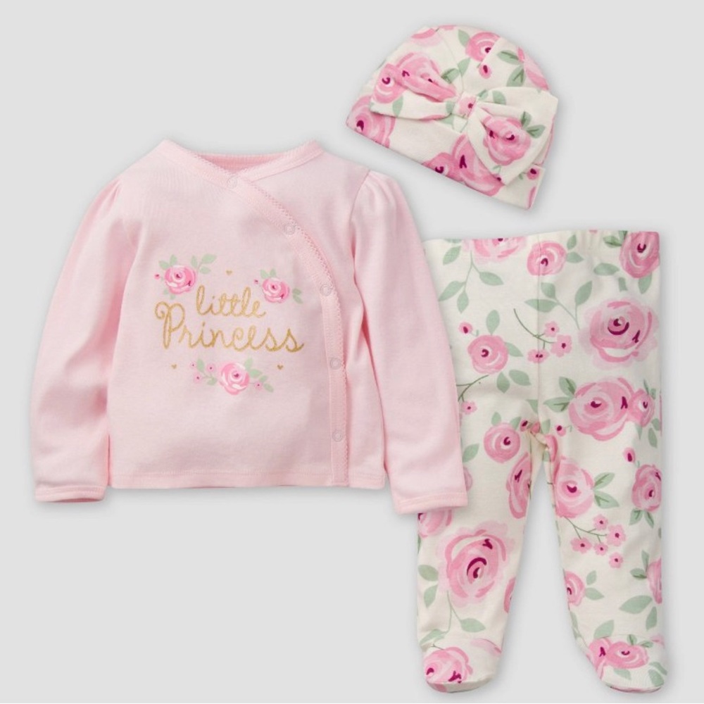 Gerber Baby Girls' 3pc Floral Take Me Home Top and Bottom Set - Pink/Off-White